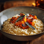 Risotto crémeux au potimarron et parmesan servi chaud dans un bol moderne, ambiance automnale