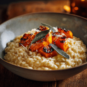 Risotto crémeux au potimarron et parmesan servi chaud dans un bol moderne, ambiance automnale