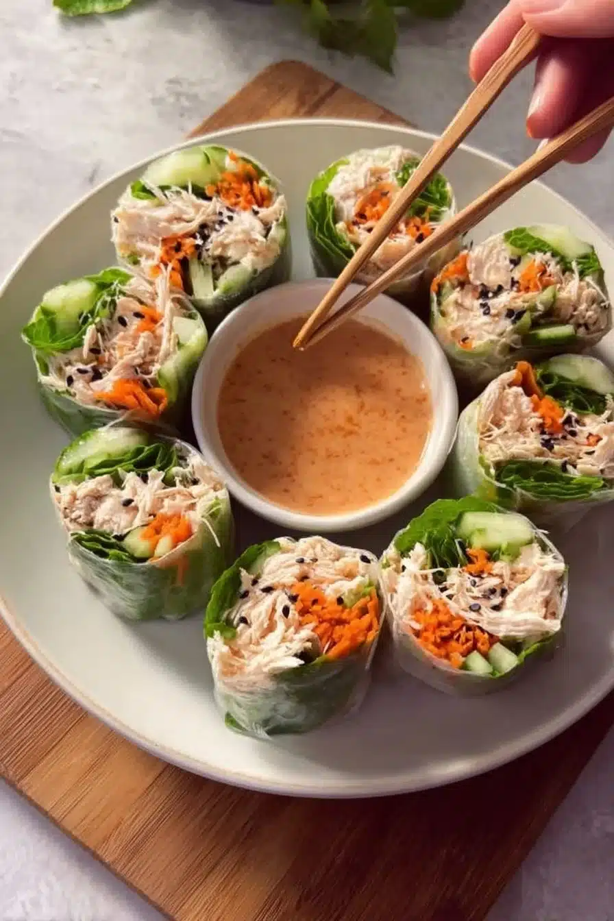 Rouleau de papier de riz au poulet Bang Bang géant prêt à être dégusté.