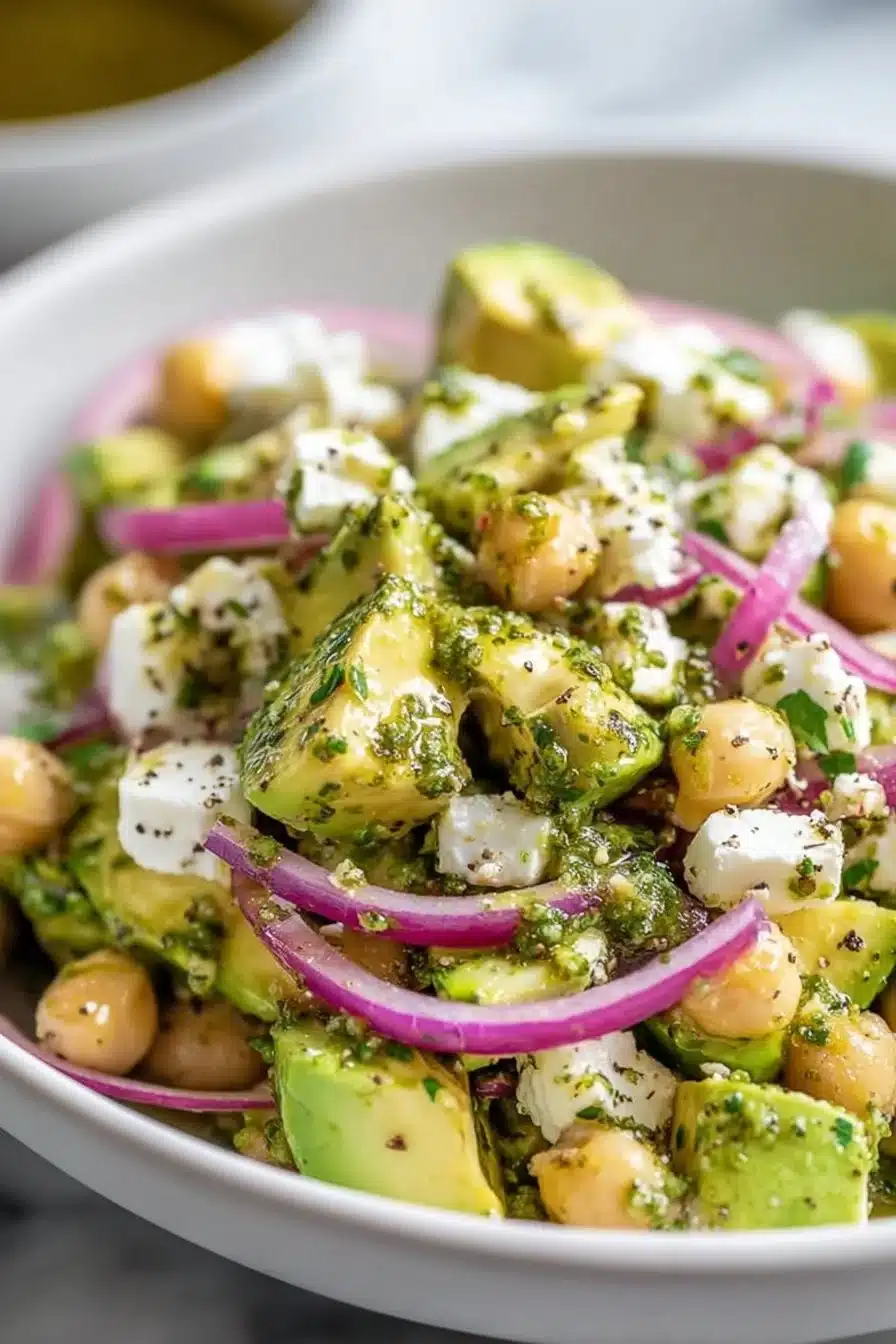 Salade de pois chiches avec feta et avocat dans un bol coloré