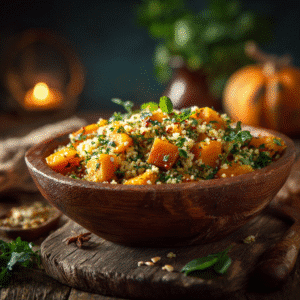 Salade tiède potimarron boulgour herbes – recette automnale saine