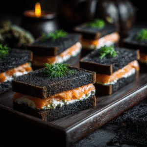 Sandwichs cercueil au pain noir et saumon – idée apéro Halloween salé et original