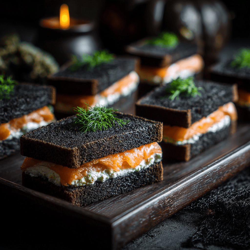 Sandwichs cercueil au pain noir et saumon – idée apéro Halloween salé et original