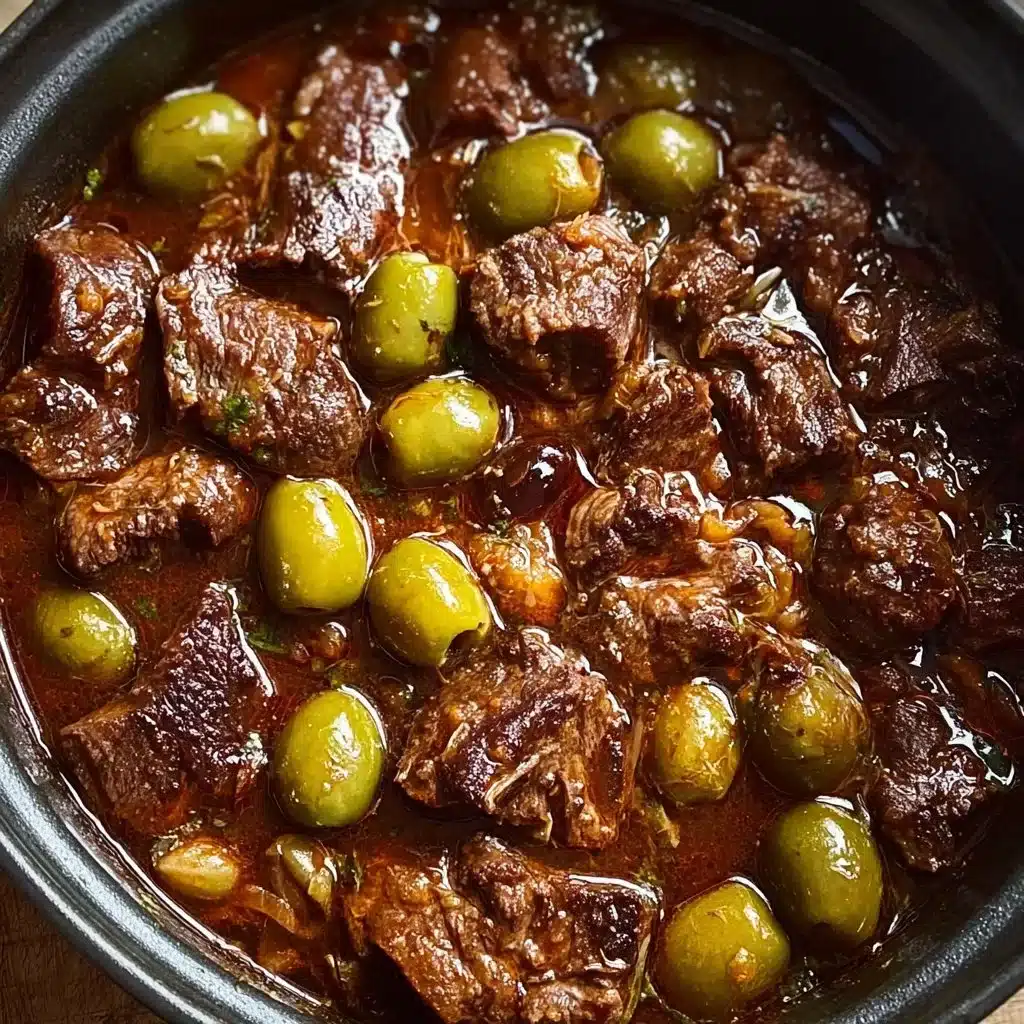 Plat de sauté de veau aux olives, délicieux et réconfortant, prêt à être dégusté.