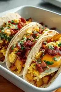Tacos de petit-déjeuner cuits au four garnis de légumes et œufs
