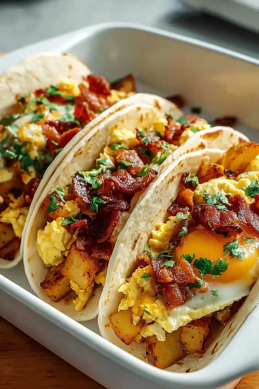 Tacos de petit-déjeuner cuits au four garnis de légumes et œufs