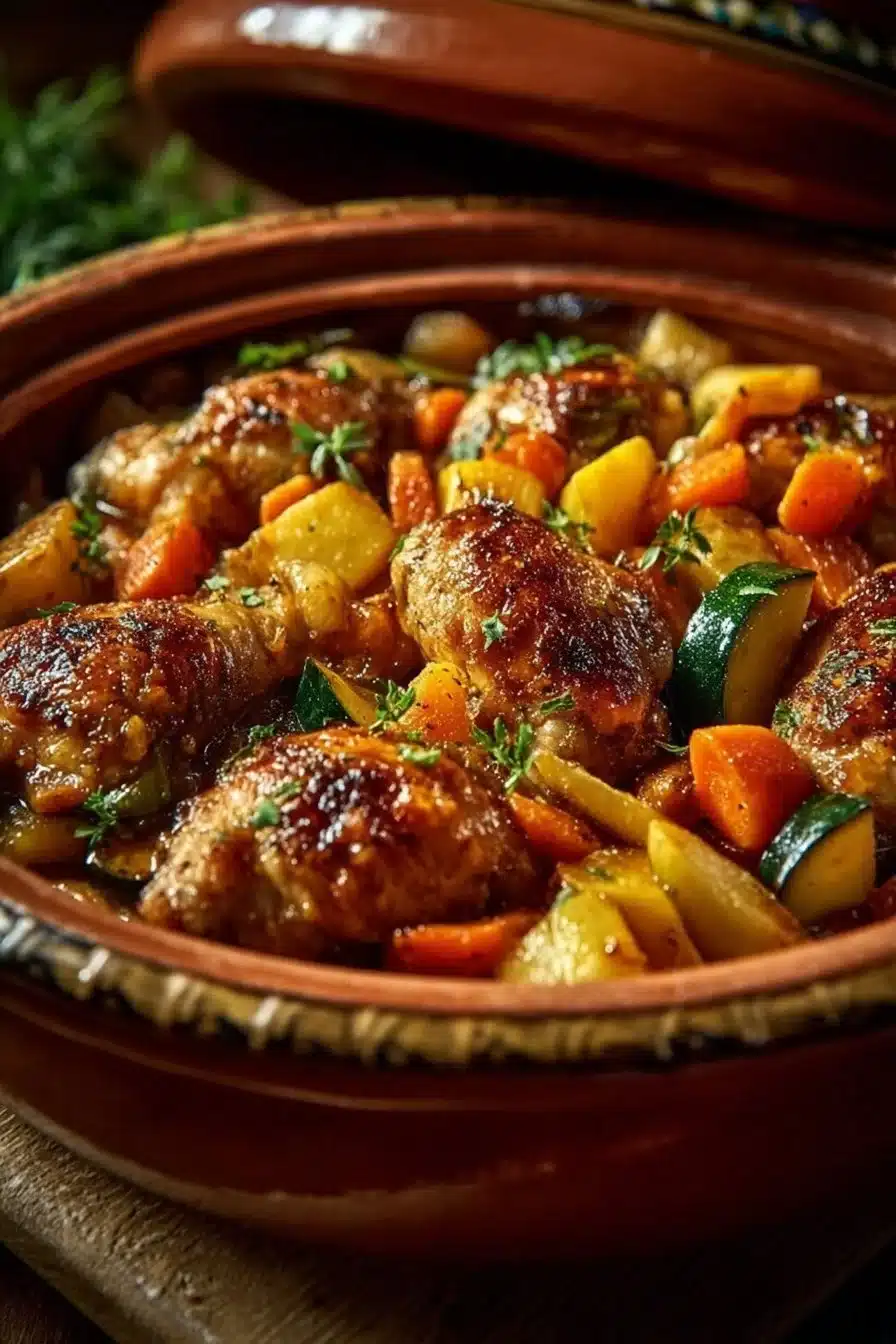 Tajine de poulet aux épices, un plat marocain traditionnel plein de saveurs.