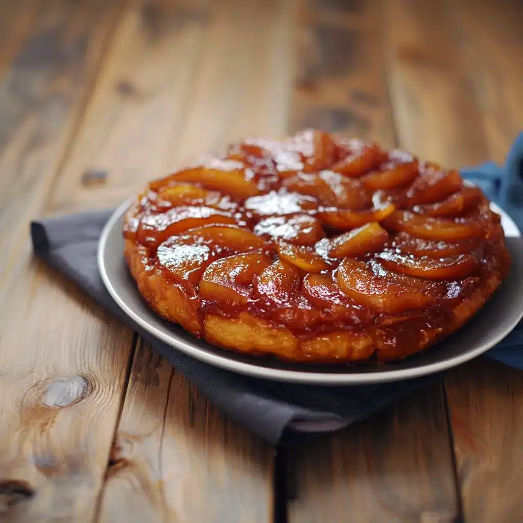 Tarte Tatin caramélisée présentée sur une assiette avec des pommes dorées