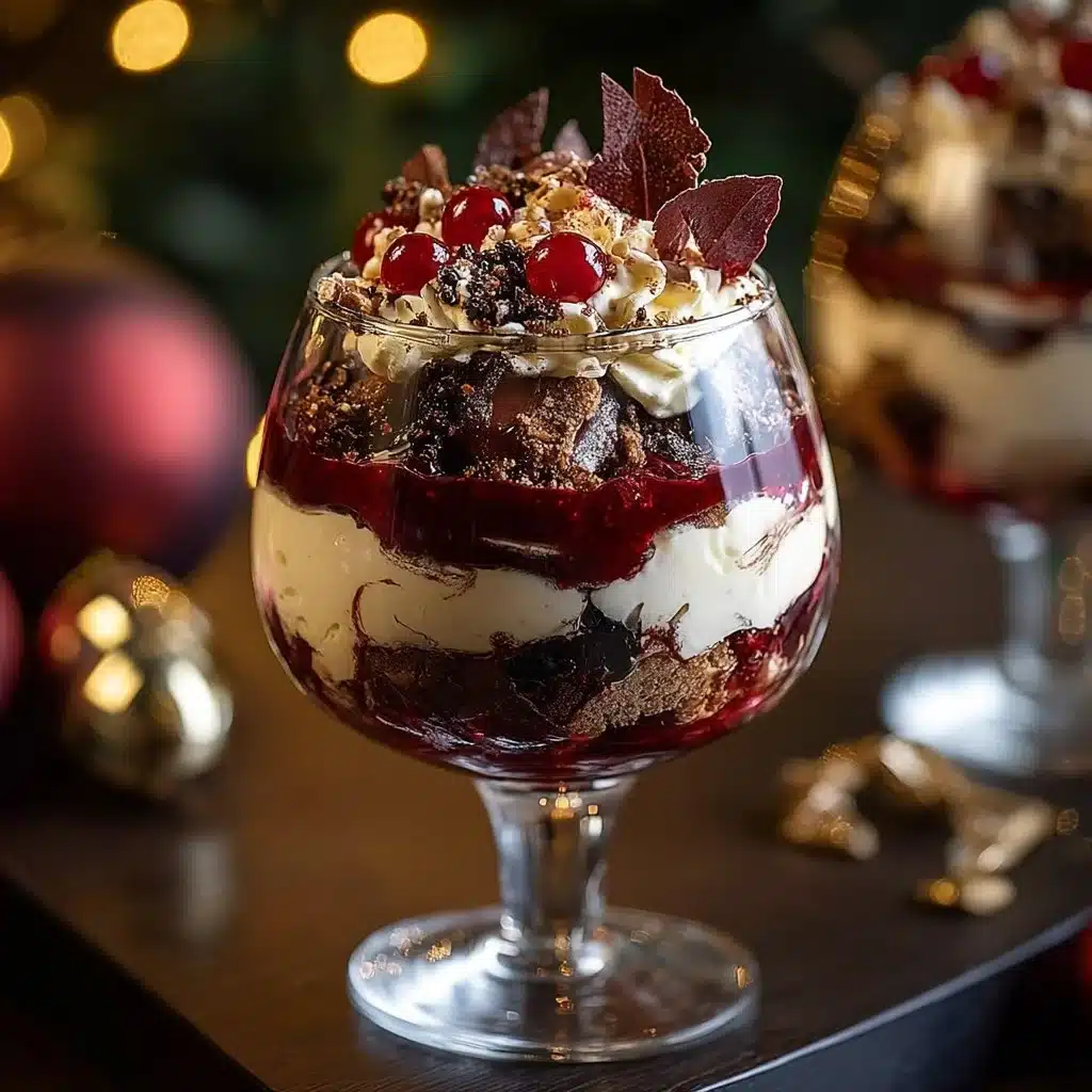 Trifle Forêt-Noire de Noël avec chocolat, cerises et crème chantilly.