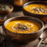 Velouté potimarron rôti topping graines – soupe automnale réconfortante