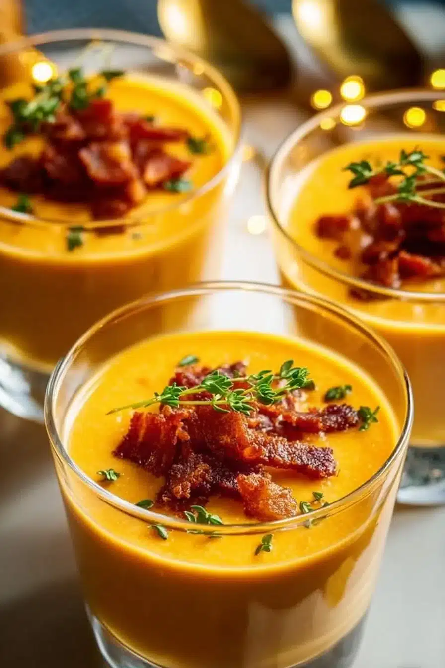 Verrines de butternut avec chorizo et poulet fumé, plat innovant et savoureux.