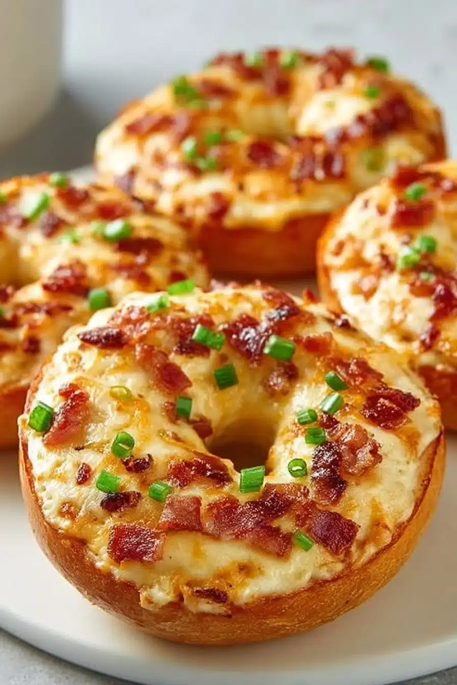 Bagels crémeux au fromage cheddar et au lard sur une assiette