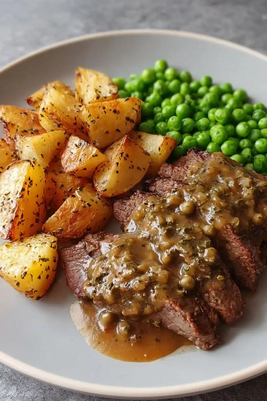Bifteck savoureux accompagné de sauce au poivre sur une assiette élégante