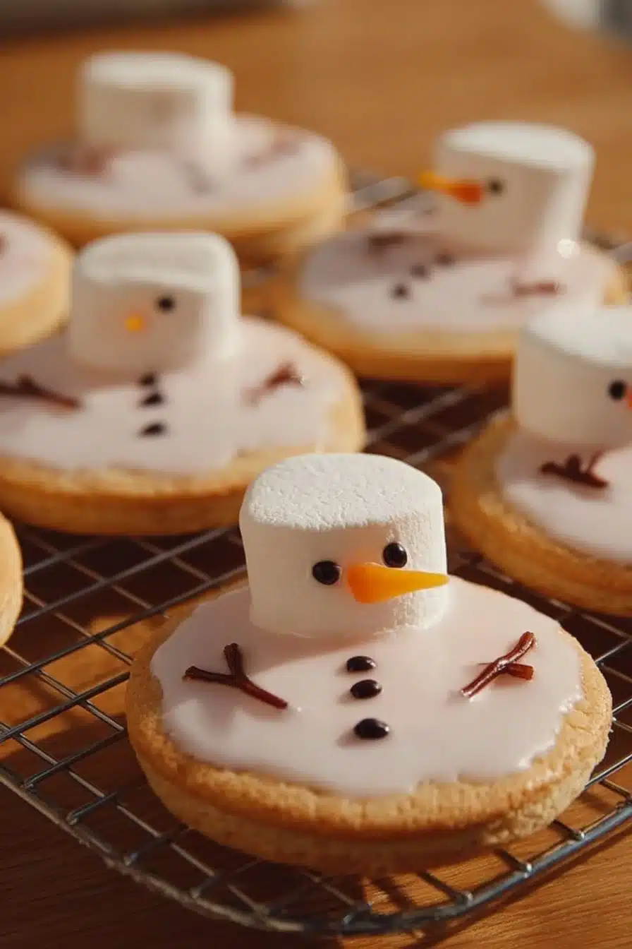 Biscuits bonhomme de neige fondu sur une assiette décorée pour Noël.