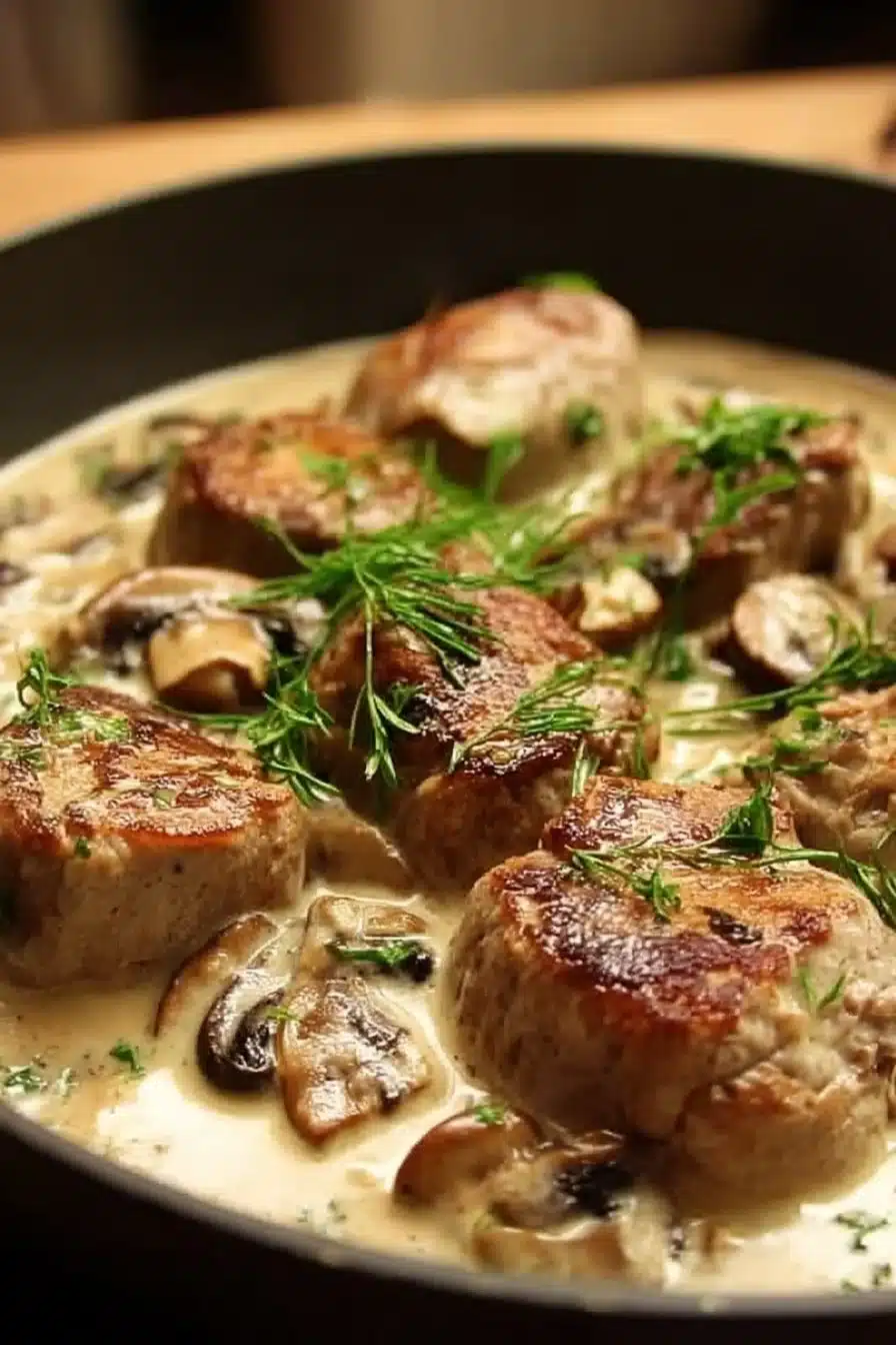 Blanquette de Filet Mignon de Porc aux Champignons dans un plat appétissant