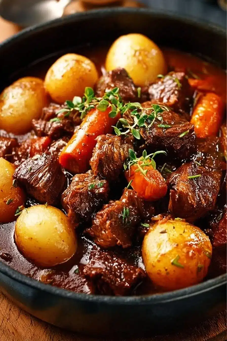 Bœuf Bourguignon traditionnel, plat français riche en saveurs