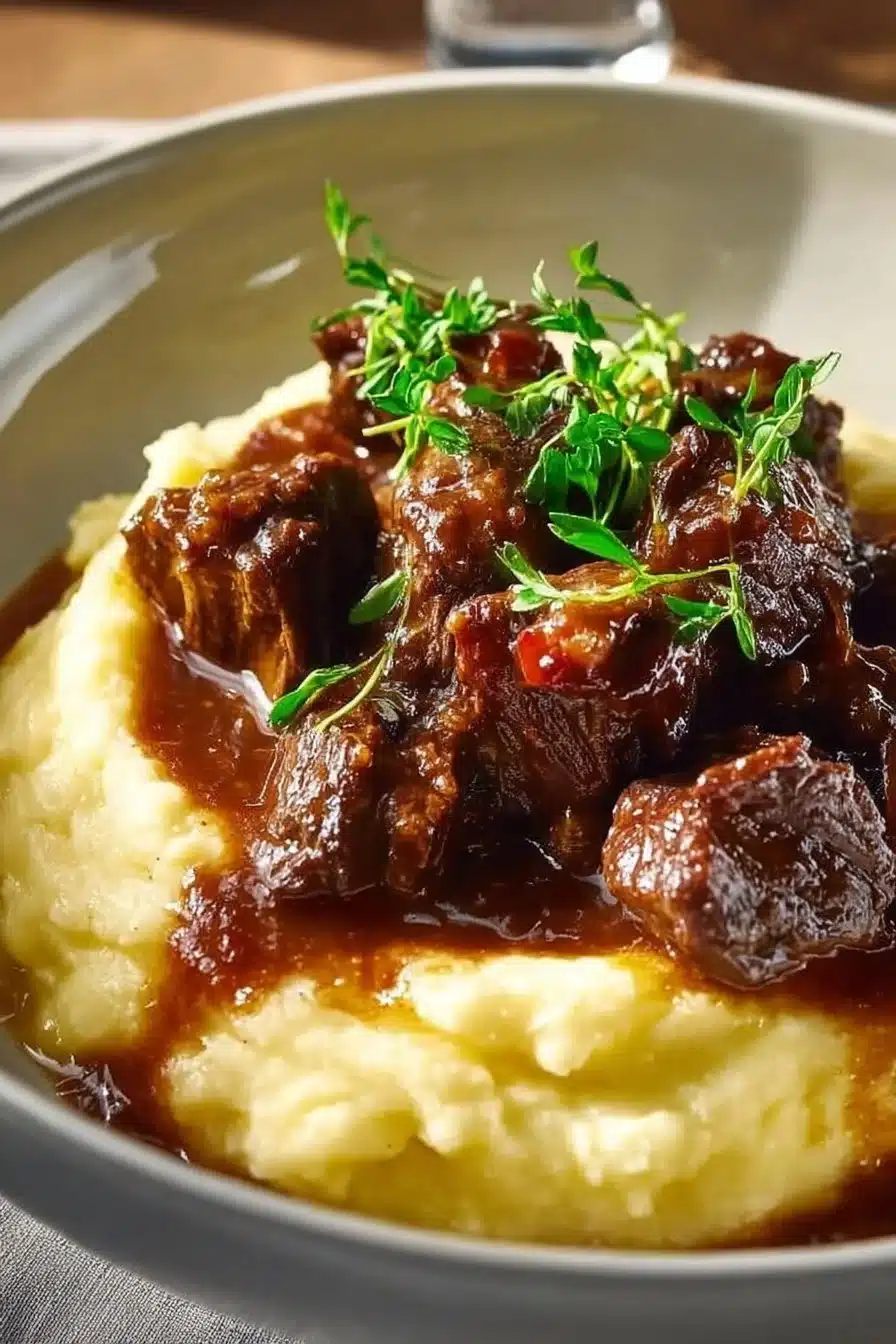 Bœuf Braisé en Sauce avec Purée de Pommes de Terre, plat délicieux et réconfortant.
