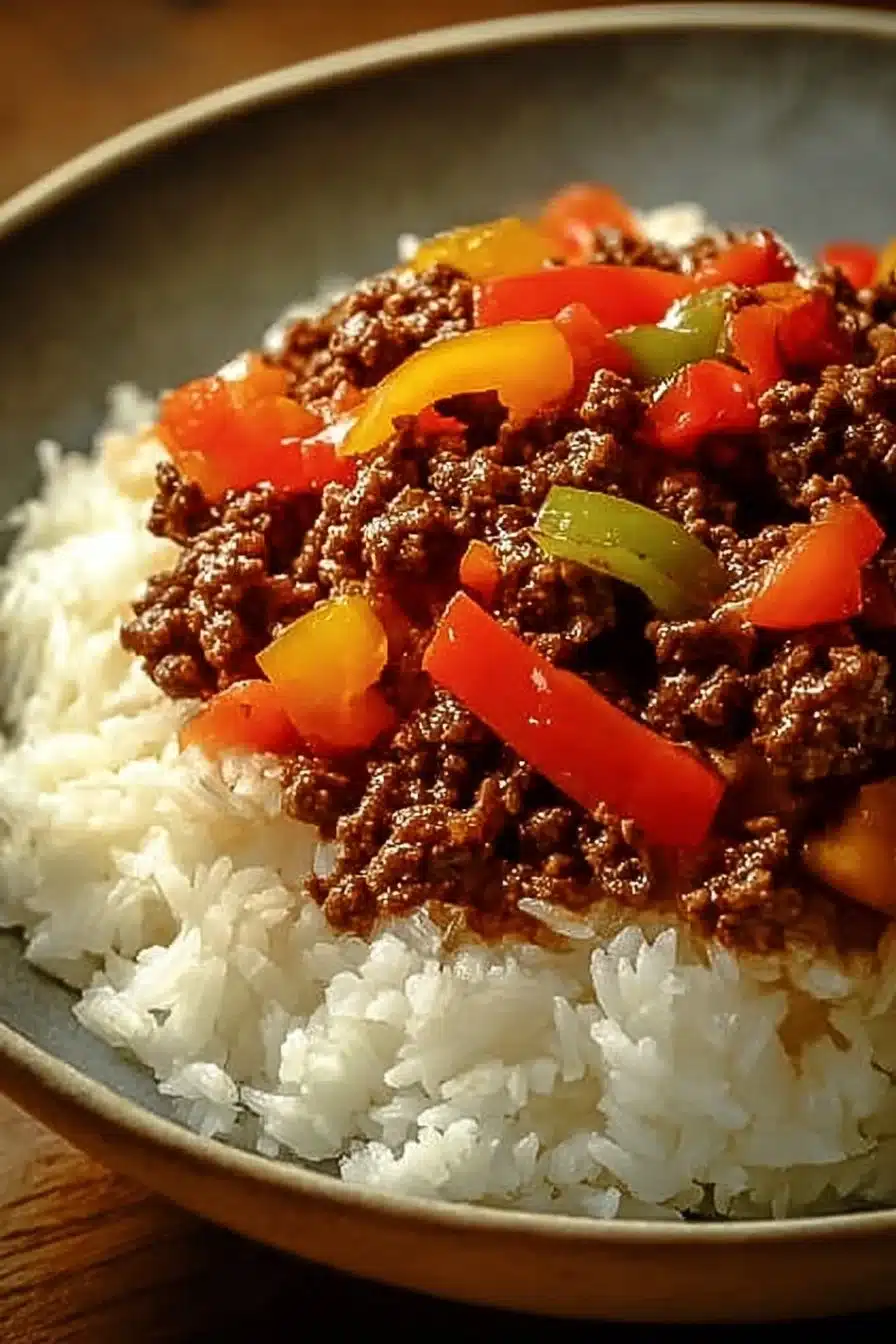 Bol de boeuf poivron riz garnie de légumes frais et servie avec du riz