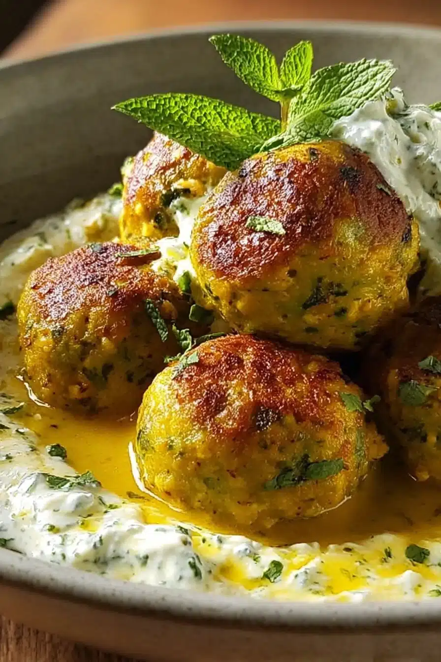 Boulettes de Courgettes et Feta servies dans un plat coloré.