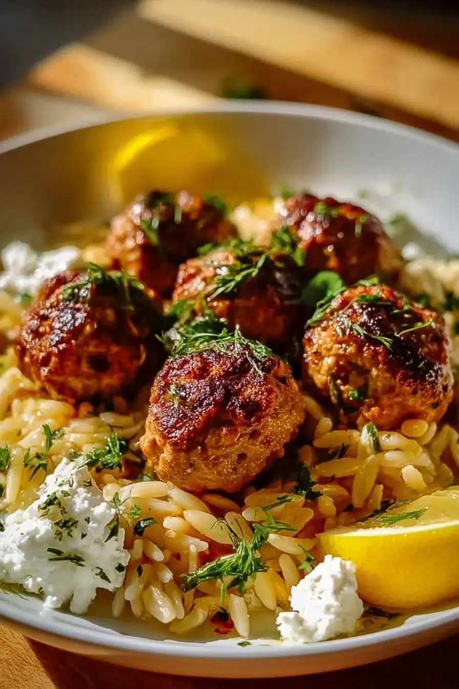 Boulettes Grecques servies avec Orzo Citronné et Crème de Feta