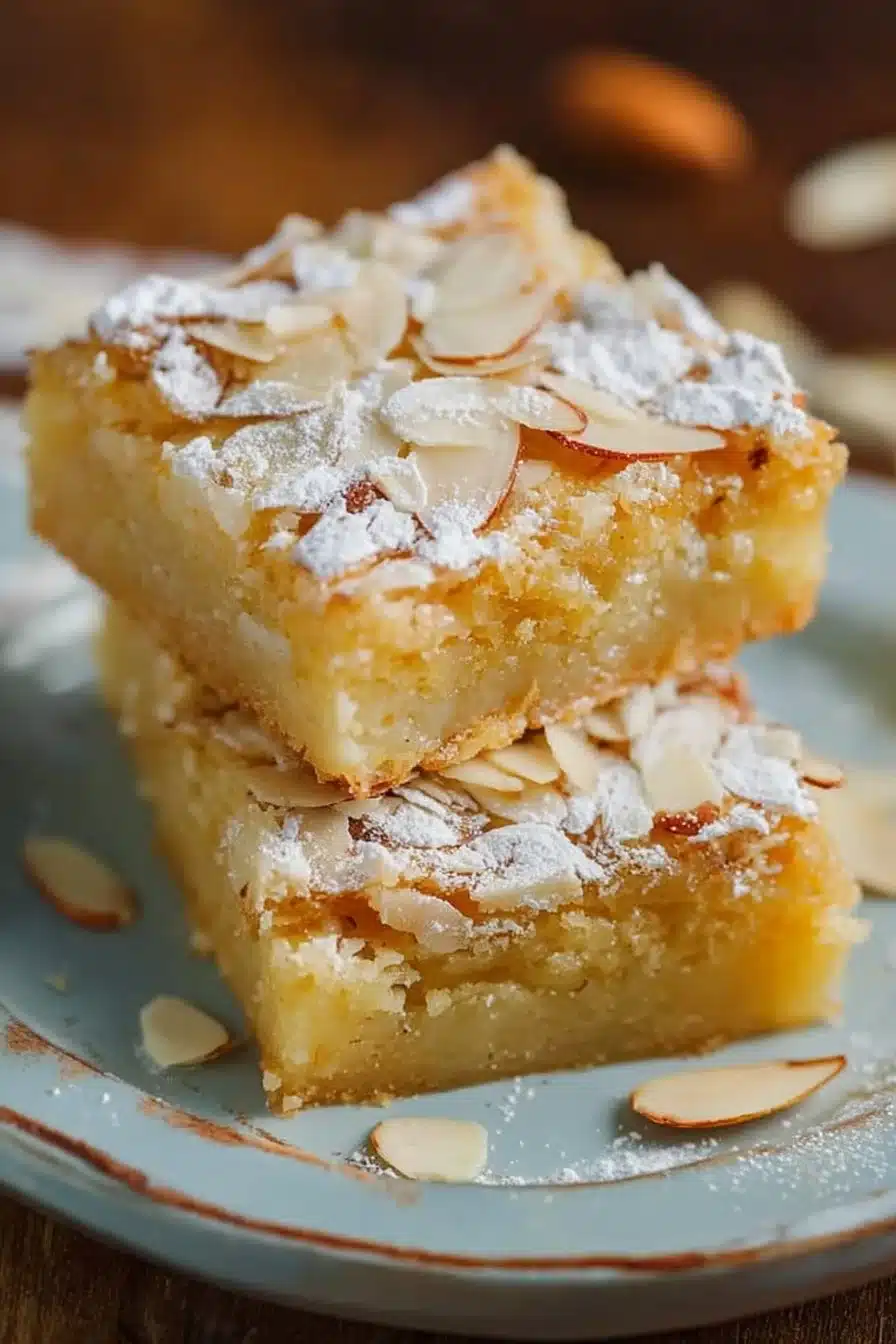 Carrés crumble aux amandes ultra moelleux sur une assiette