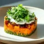 Cheesecake végétarien multicolore avec des fruits frais et une croûte délicieuse