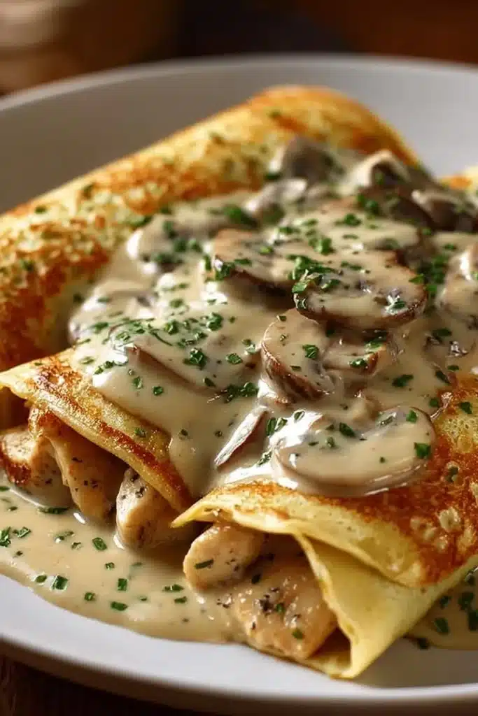 Crêpes roulées au poulet avec champignons et sauce béchamel