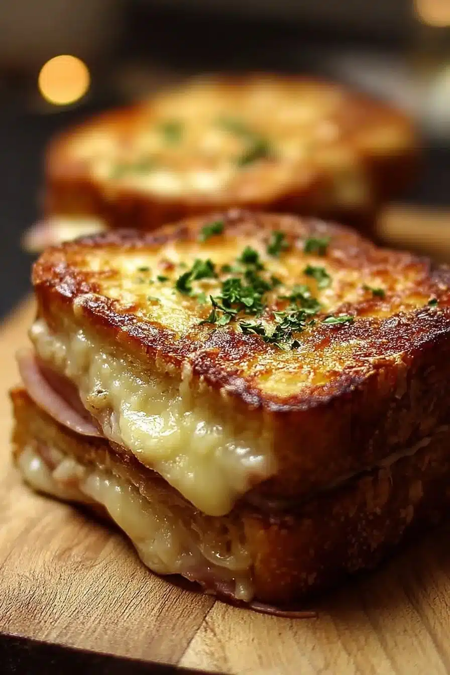 Delicious Croque-Monsieur au four, a crispy French sandwich with ham and cheese.