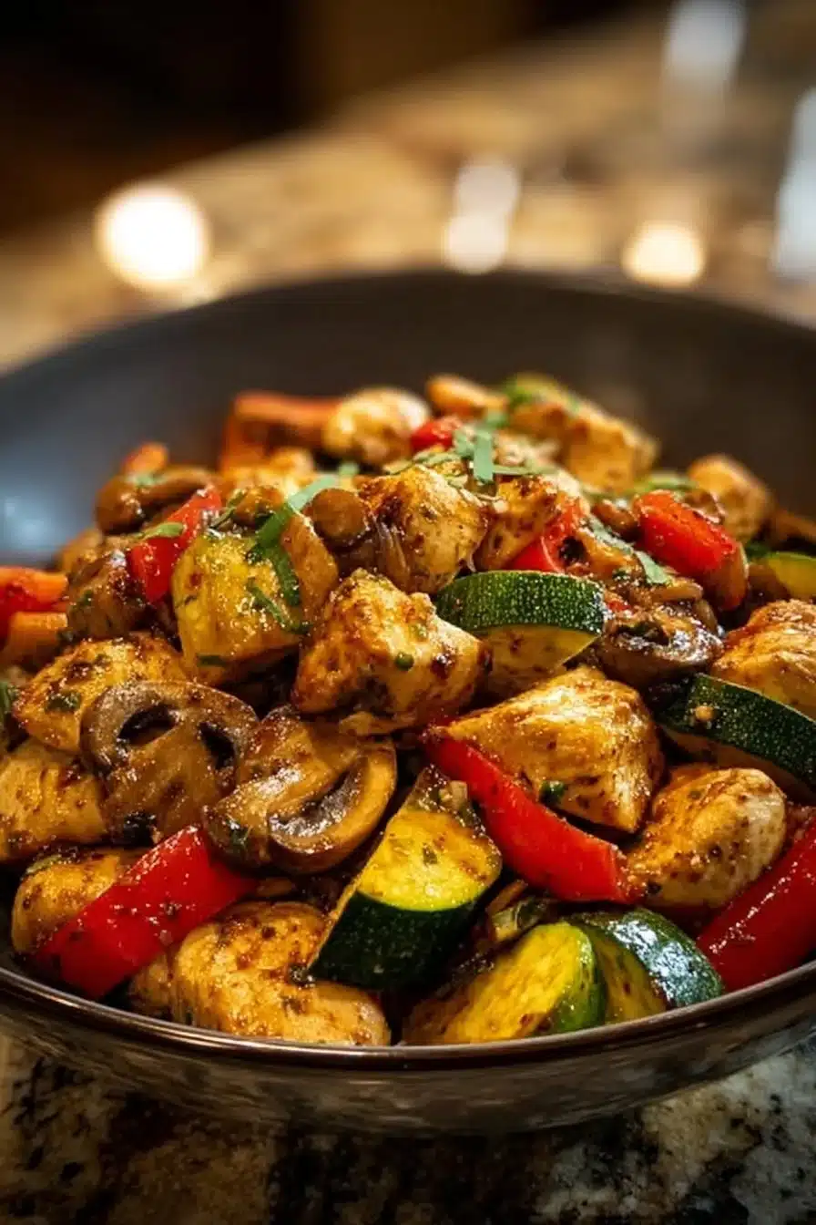 Émincé de poulet léger servi avec légumes frais dans une assiette colorée