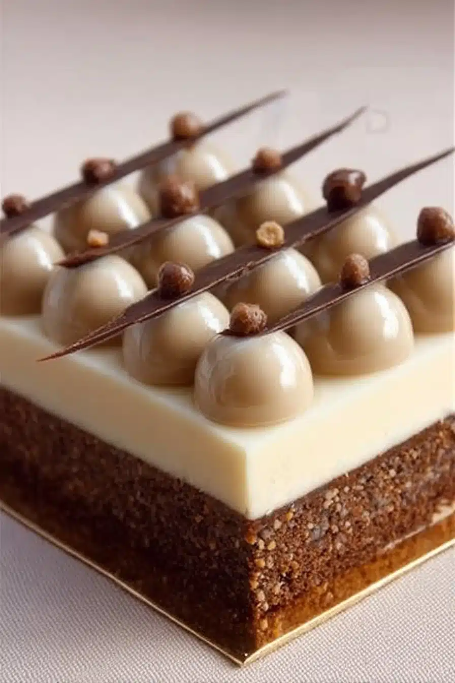 Entremets praliné sur brownie au chocolat, dessert gourmet élégant.