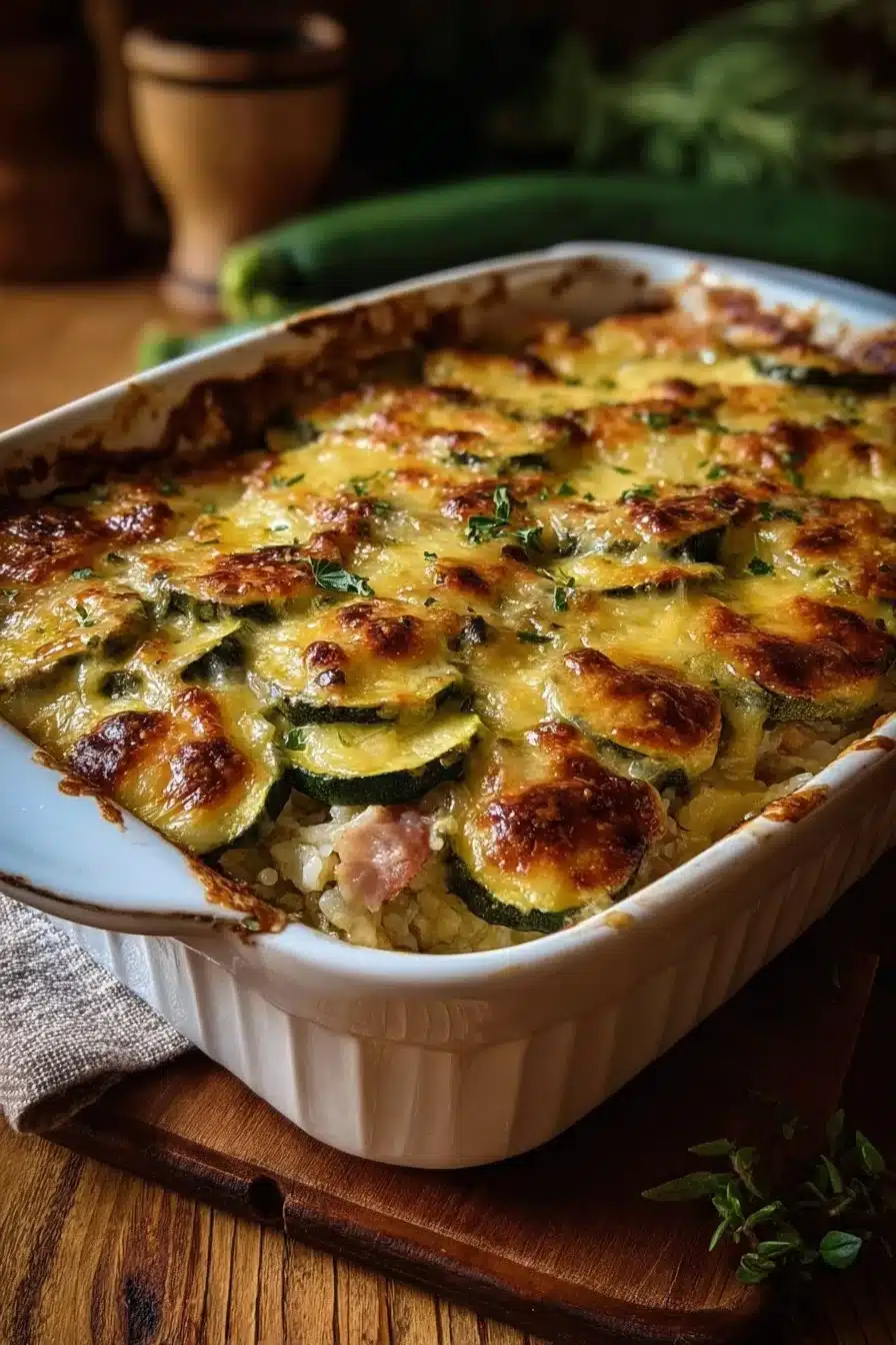 Gratin de courgettes avec rôtis et riz, plat savoureux et sain
