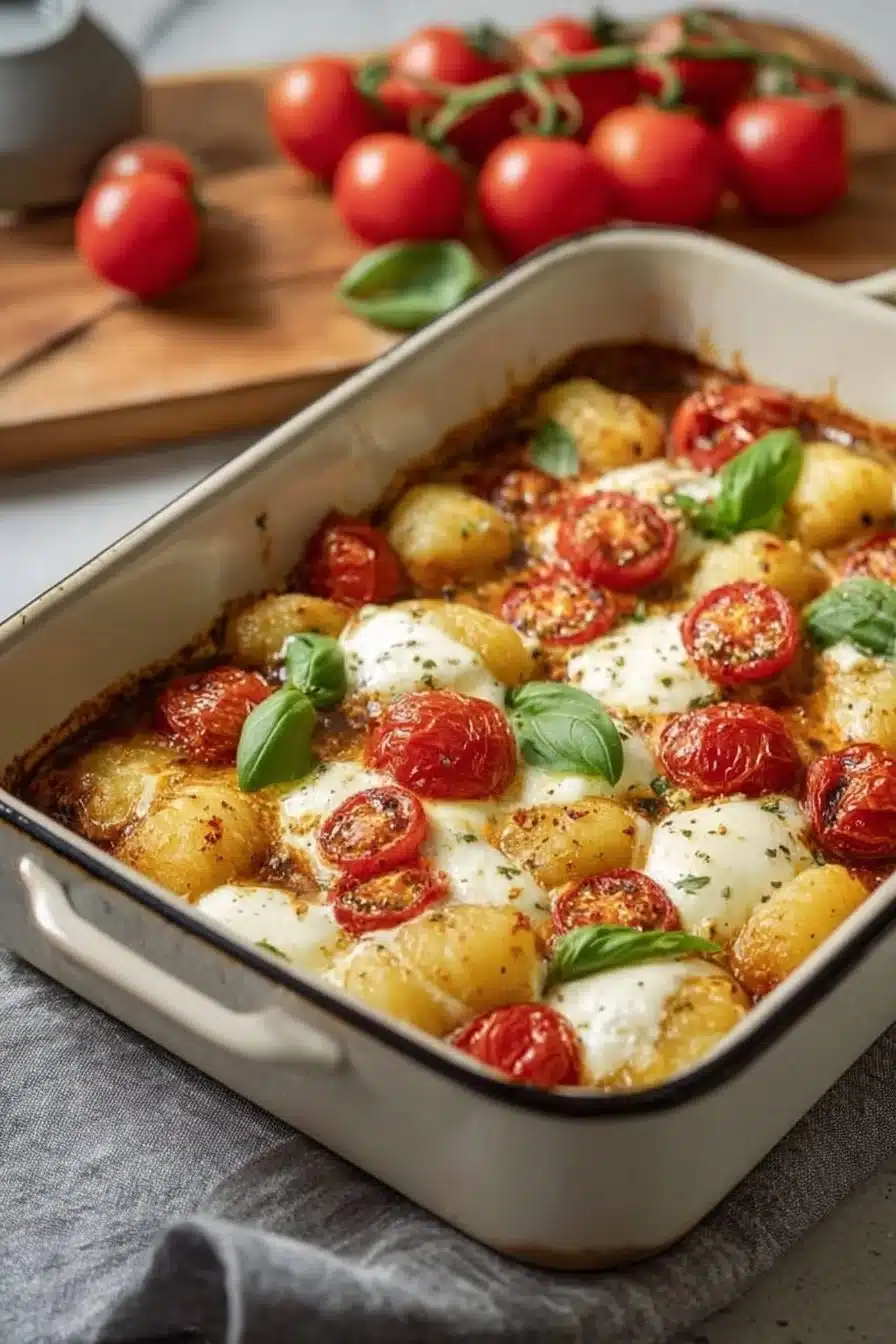 Gratin de gnocchis à la tomate et mozzarella, plat savoureux et réconfortant.