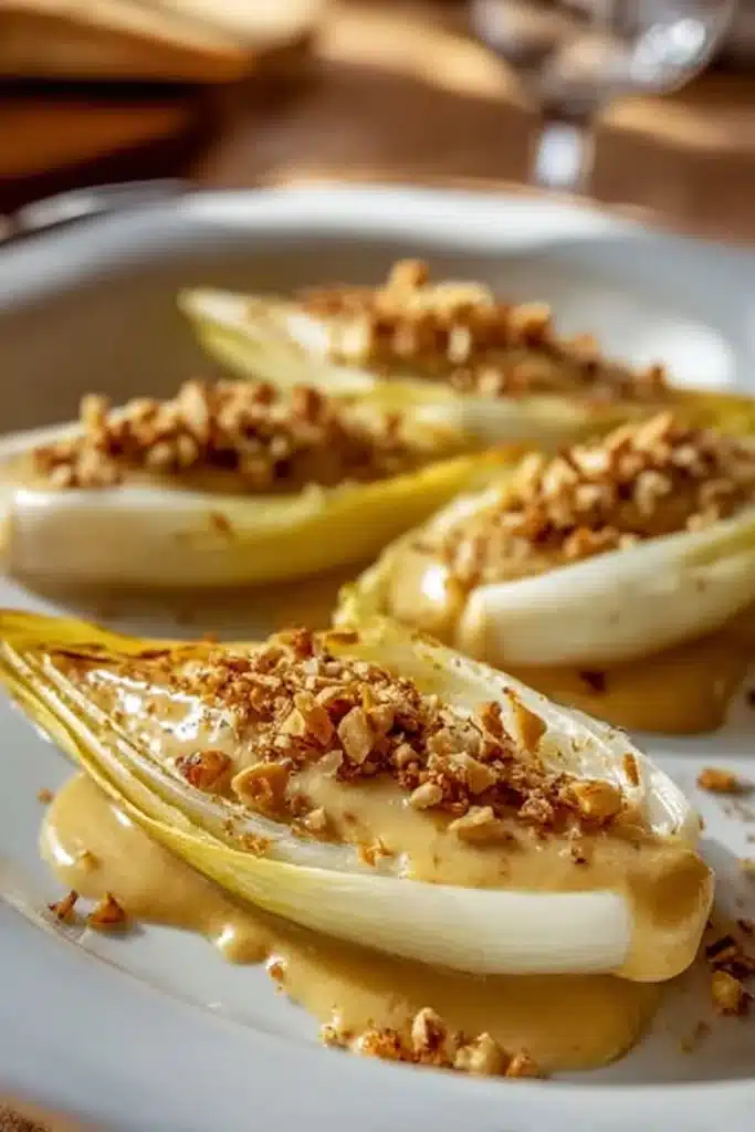 Gratin d'endives crémeux avec Roquefort et noix, plat chaleureux et délicat.