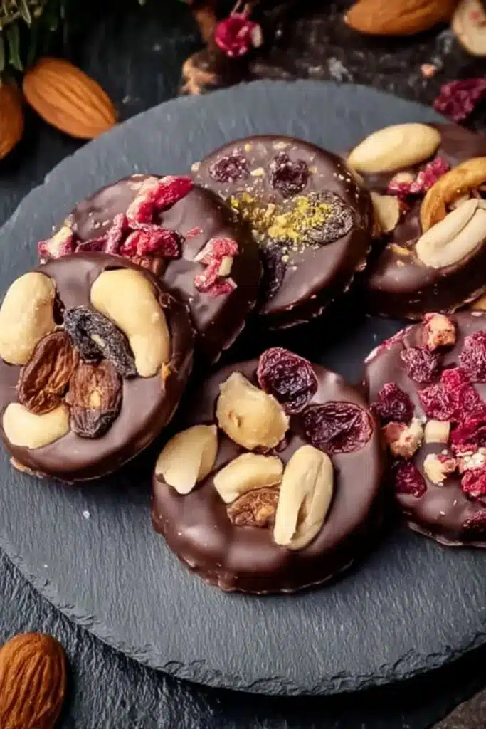Mendiants au chocolat garnis de fruits secs et noix sur une assiette