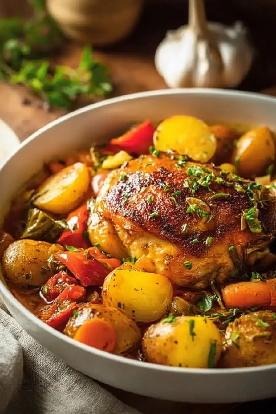 Mijoté de poulet aux légumes savoureux dans un plat rustique