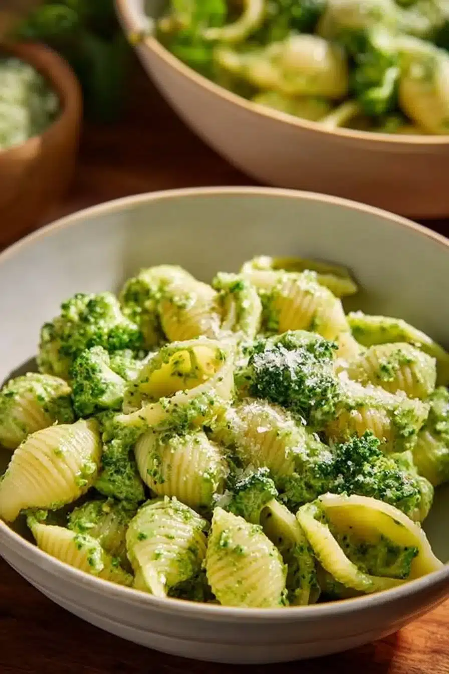 Pâtes au brocoli saines et faciles à préparer, prêt à servir dans un bol.