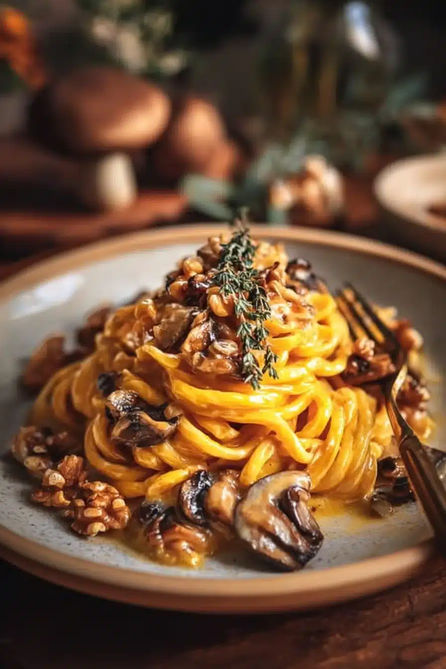 Pâtes d'automne au butternut, champignons et noix croquantes dans un bol