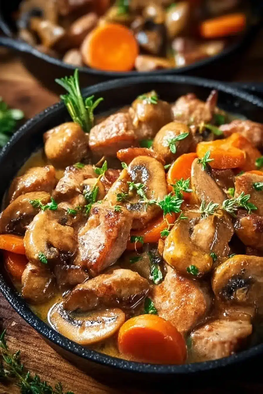 Poêlée crémeuse de champignons et carottes dans une casserole
