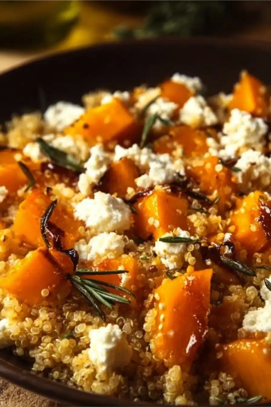 Potimarron rôti avec feta, thym, et quinoa sur une assiette