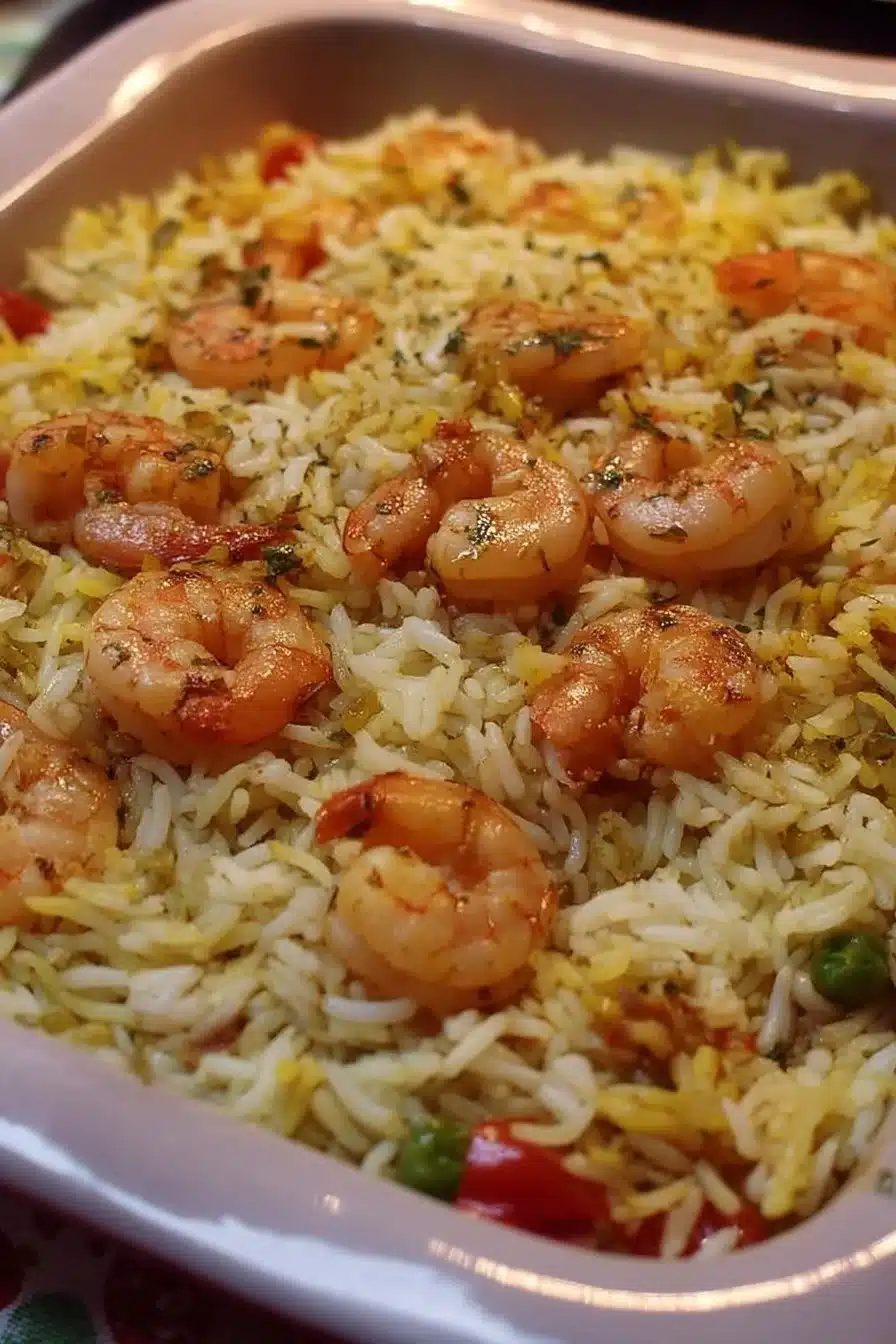 Plat de riz basmati aux crevettes préparé avec des ingrédients frais.
