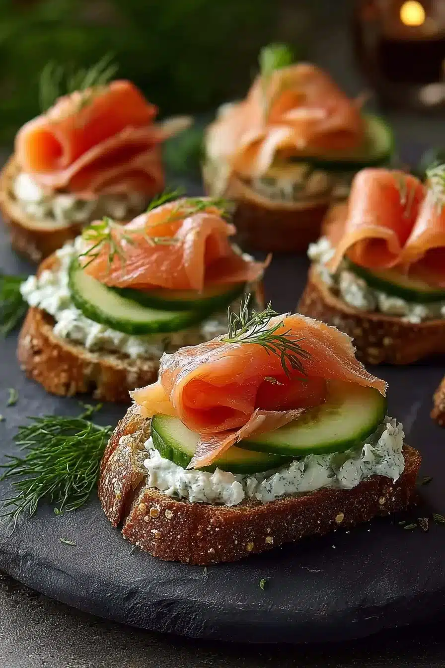 Sandwichs de thé au saumon fumé, apéritif élégant pour le goûter.