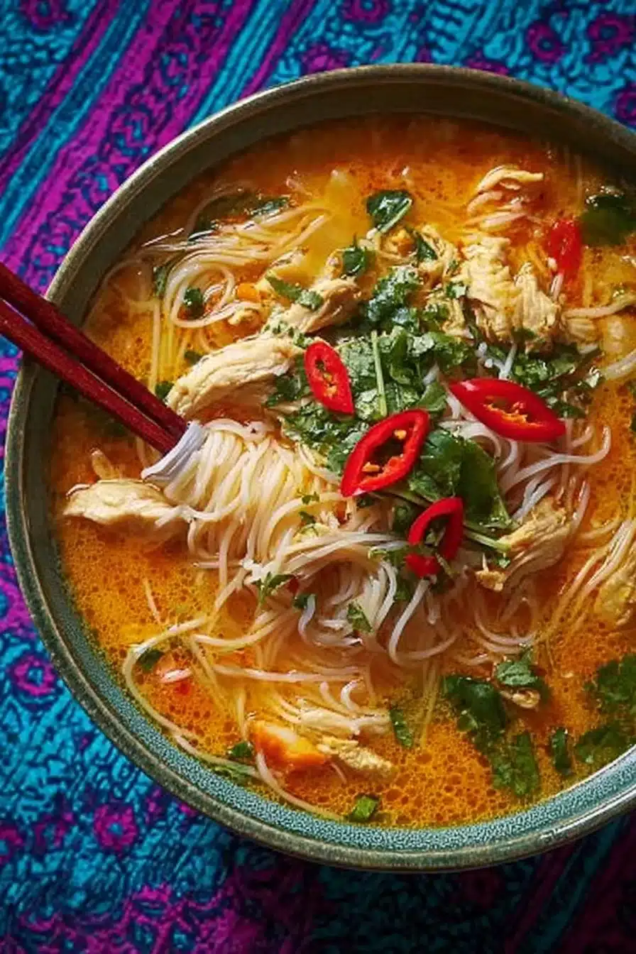 Soupe thaïlandaise au poulet avec lait de coco et curry dans un bol