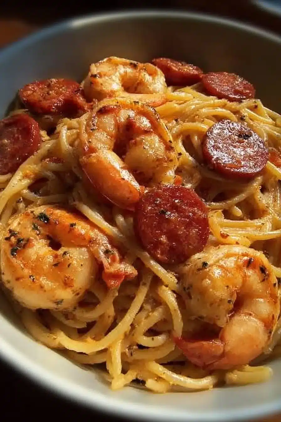 Spaghetti crémeux au poivron rouge, crevettes et bacon de boeuf dans une assiette appétissante