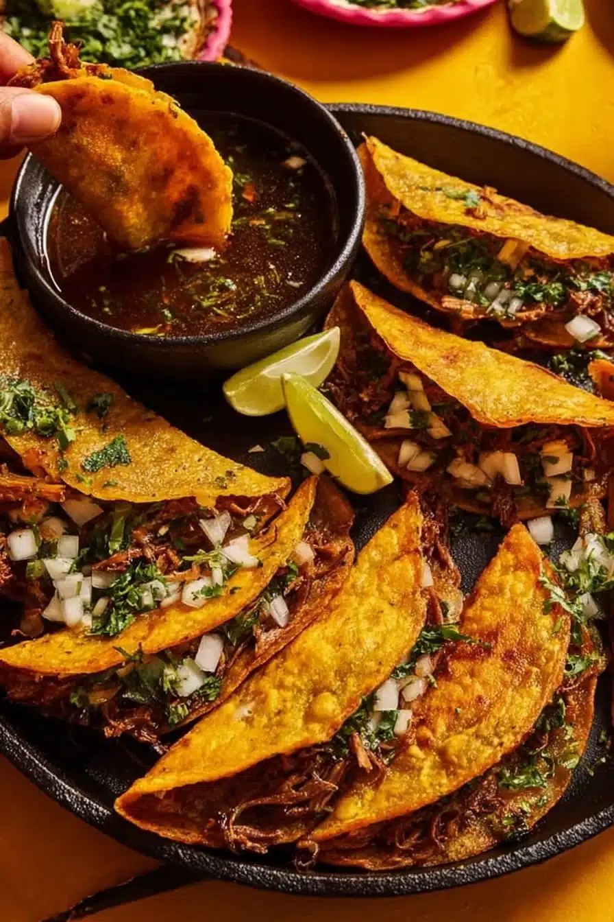 Tacos birria maison garnis de viande tendre et d'épices savoureuses