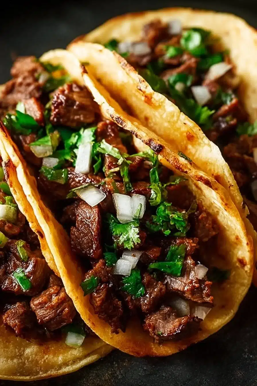 Tacos de Carne Asada garnis de viande juteuse et d'ingrédients frais