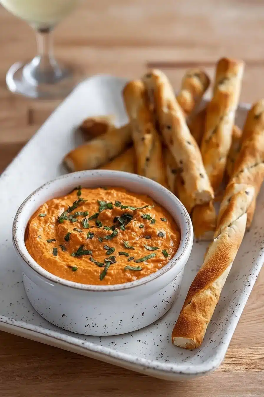 Tartinade apéritive au chorizo servie sur des tranches de pain.