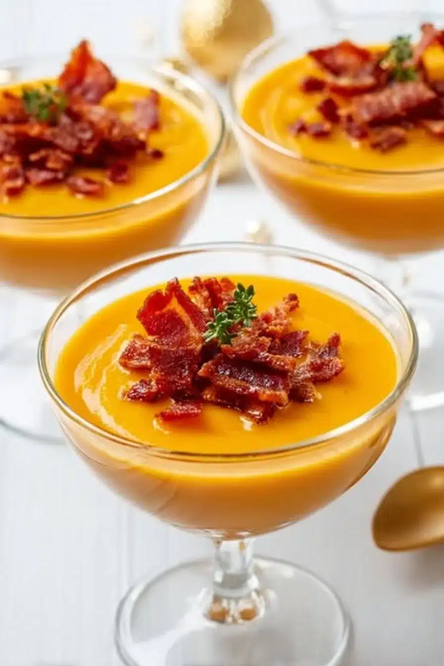 Verrines de butternut, chorizo et lard présentées élégamment pour un apéritif savoureux.
