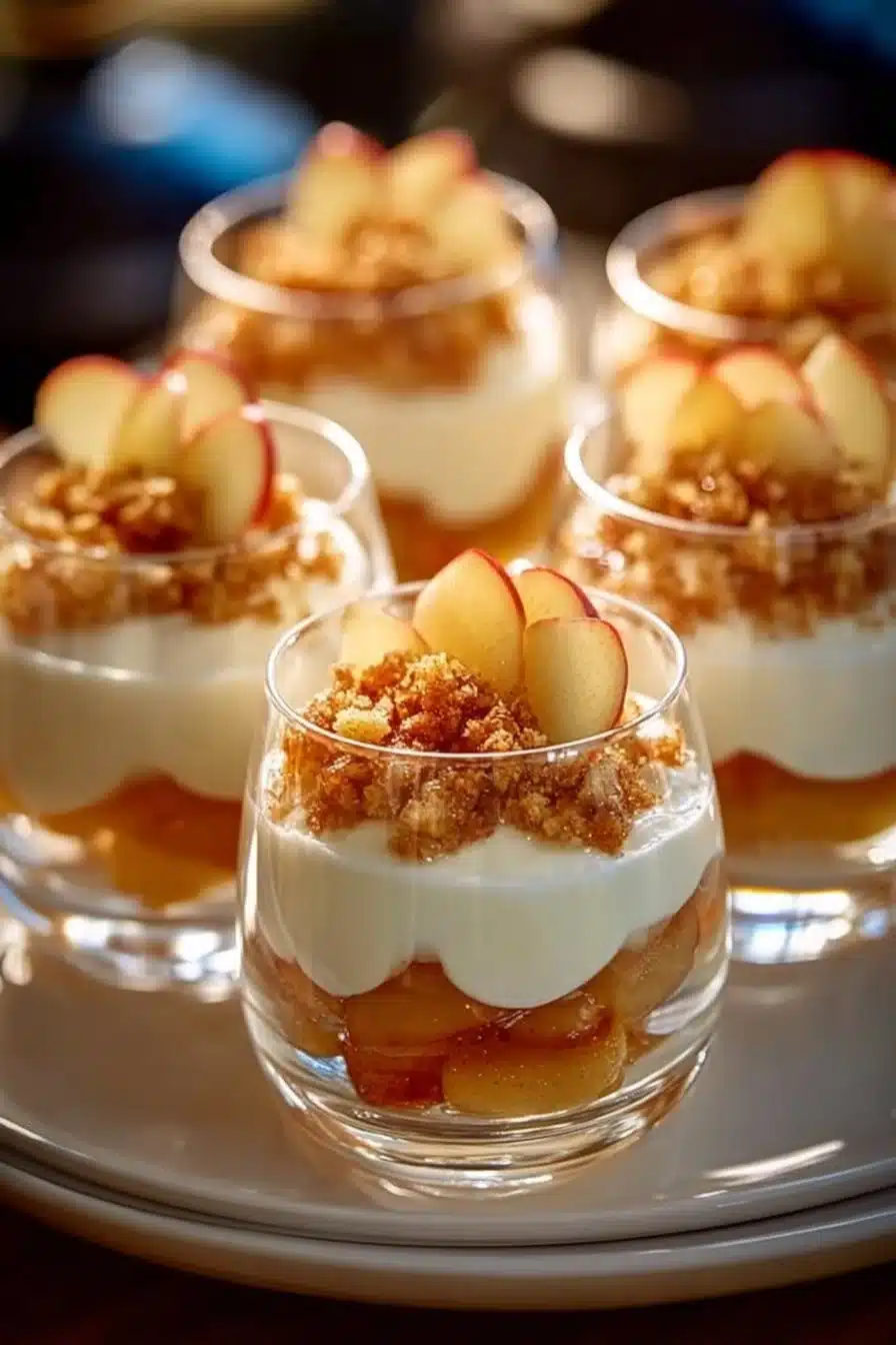 Verrines de fromage aux pommes caramélisées et spéculoos, un dessert élégant.