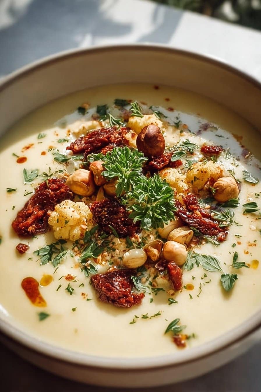Velouté de chou-fleur au chorizo et aux noisettes torréfiées