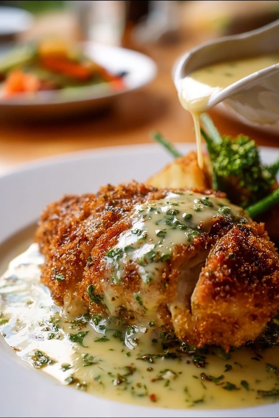 Poulet en Croûte de Parmesan avec Sauce Crémeuse à l’Ail